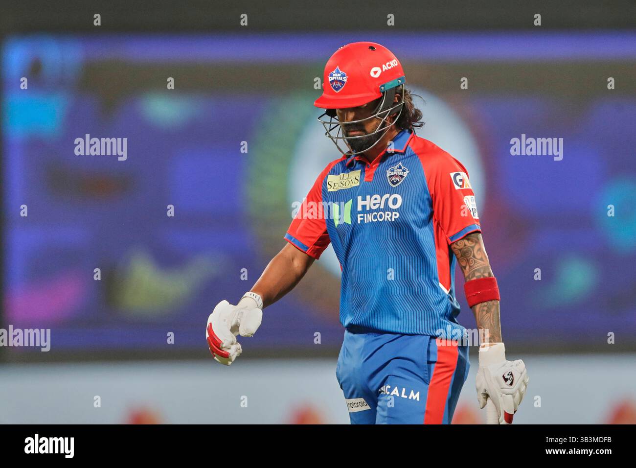 Delhi Capitals' KL Rahul walks off the field after losing his wicket ...