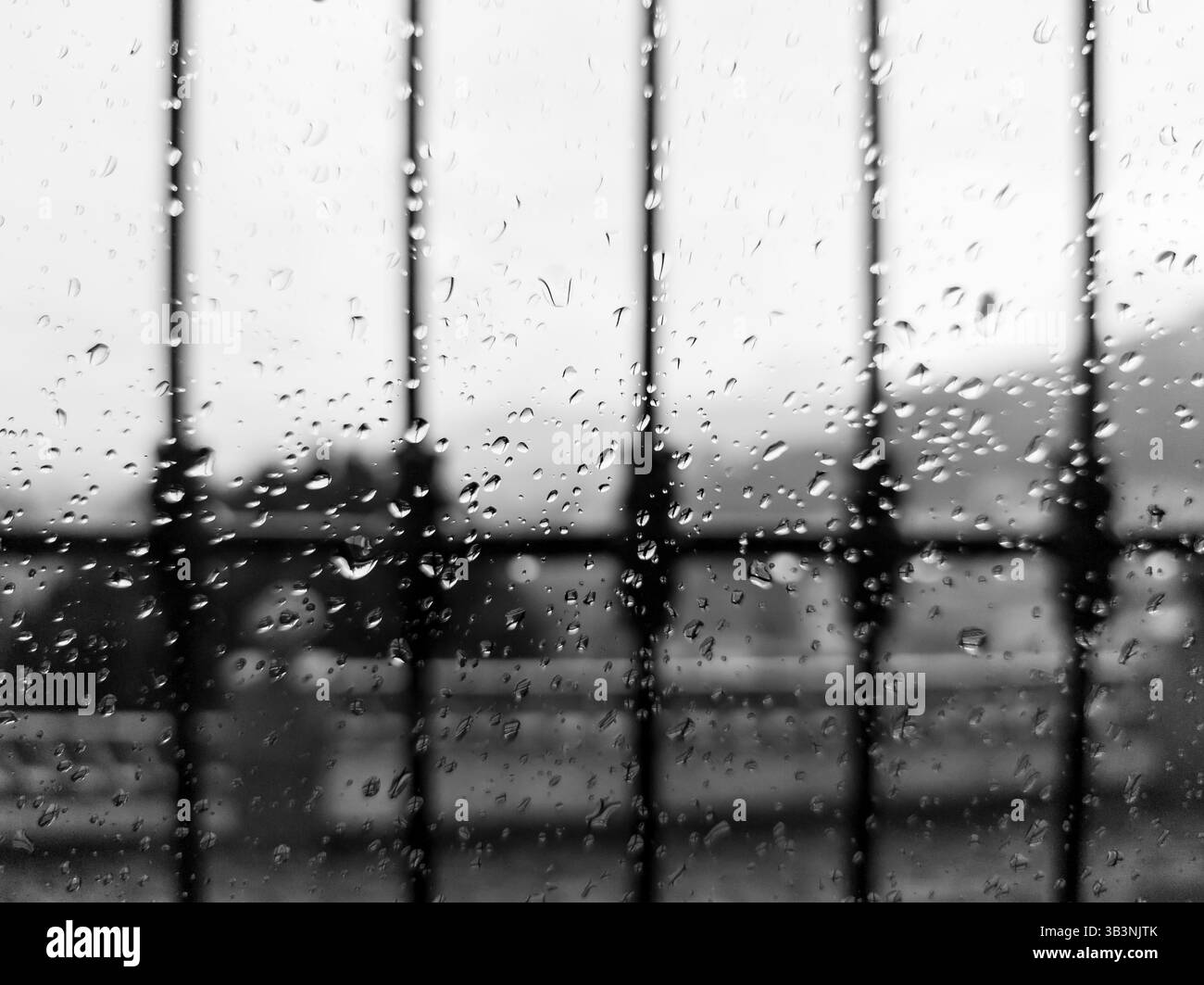 Raindrops on a window with a grid. Spain, Europe Stock Photo