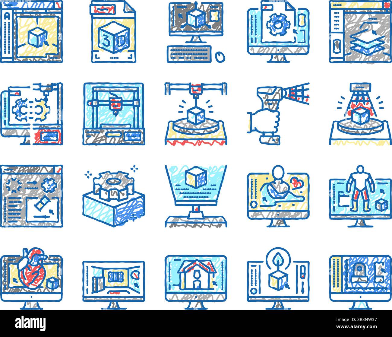 3d Modelling Software And Device Icons hand drawn Stock Vector Image ...