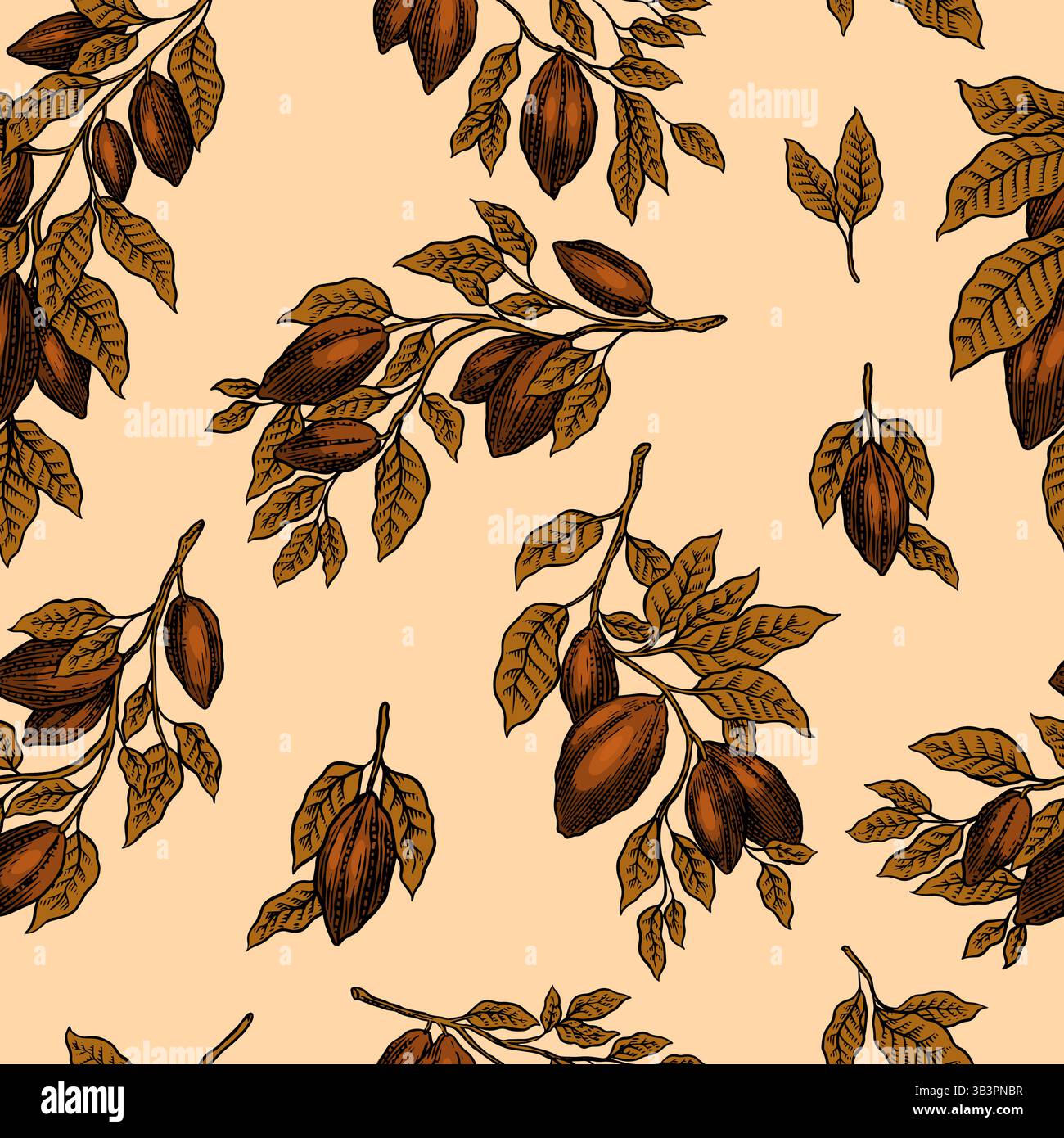 Seamless pattern with Cocoa Beans on a branch for Chocolate Hand Drawn ...