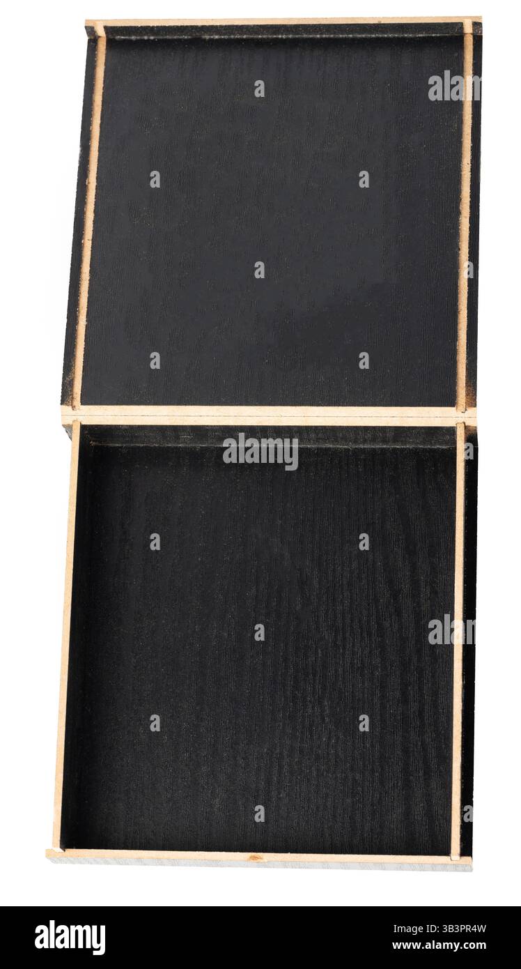 Open dark wooden box above top view isolated on studio background Stock Photo