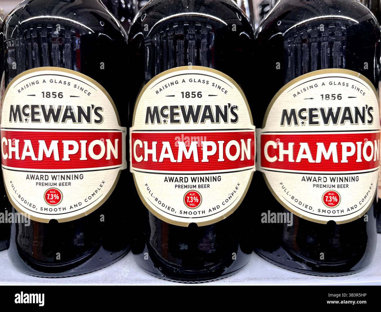 McEwan’s Champion beer bottles on a supermarket shelf, displaying the iconic brand’s distinctive packaging and bold Scottish brew - Smartphone Captured Stock Image