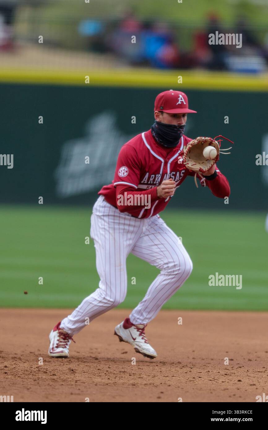 Defeated Razorback March 19, 2025: Razorback infielder Brent Iredale (10) eyes a bouncing ...