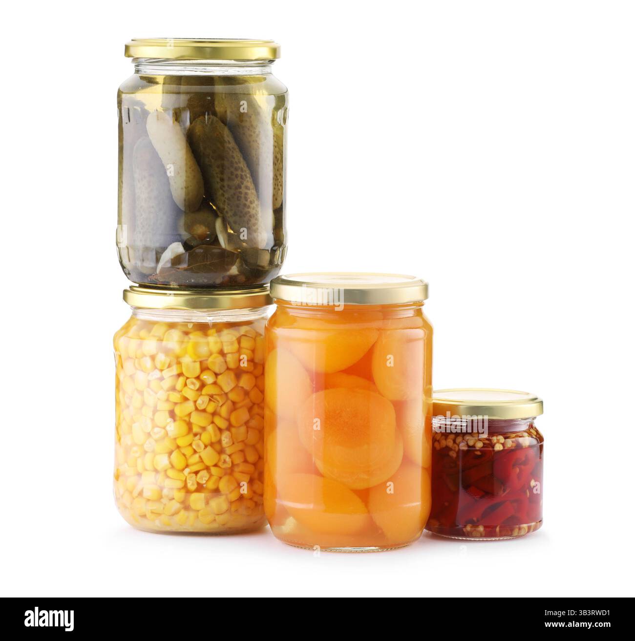 Many jars with different pickled products isolated on white Stock Photo