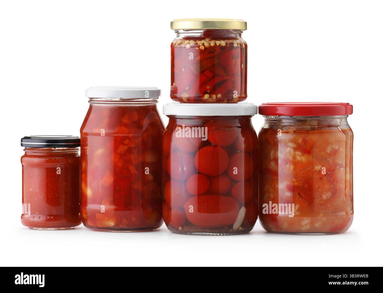 Many jars with different pickled products isolated on white Stock Photo