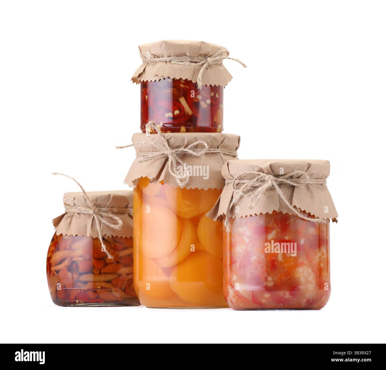 Many jars with different pickled products isolated on white Stock Photo