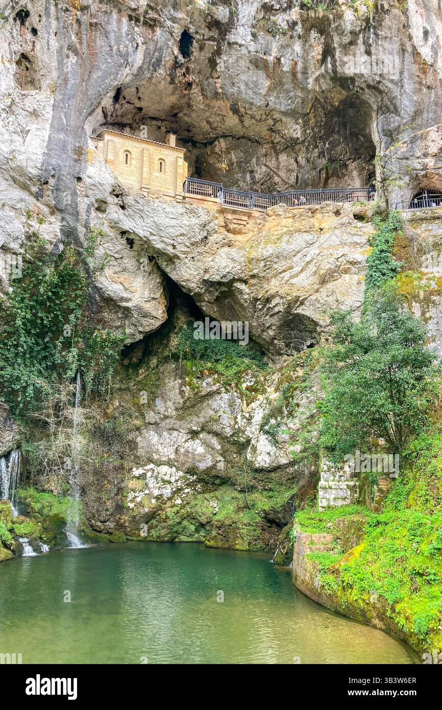 COVADONGA, SPAIN - APRIL  6, 2025: Covadonga in Asturias is a historic mountain village known for its sacred cave, basilica - Smartphone Captured Stock Image