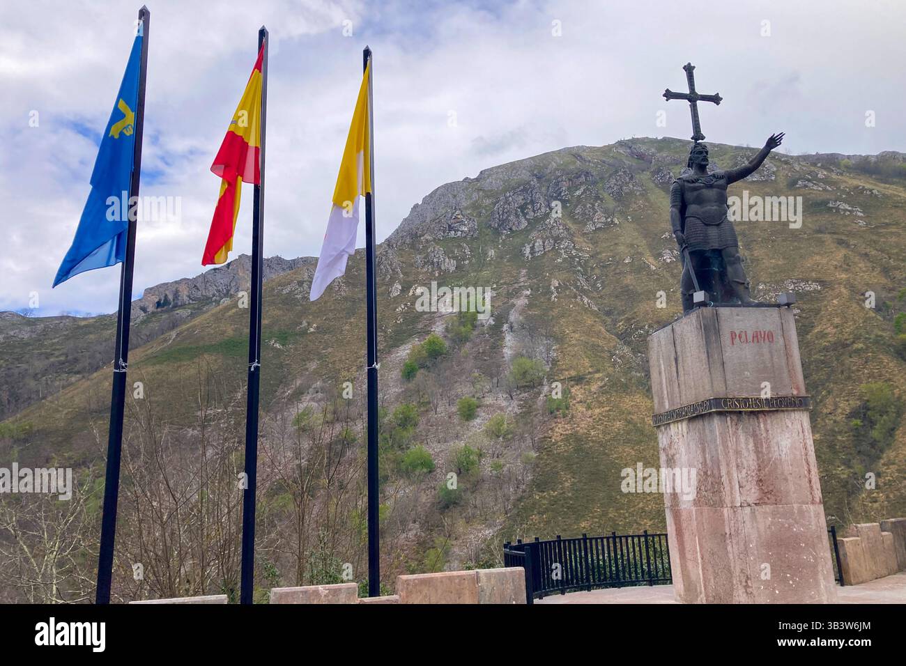 COVADONGA, SPAIN - APRIL  6, 2025: Covadonga in Asturias is a historic mountain village known for its sacred cave, basilica - Smartphone Captured Stock Image