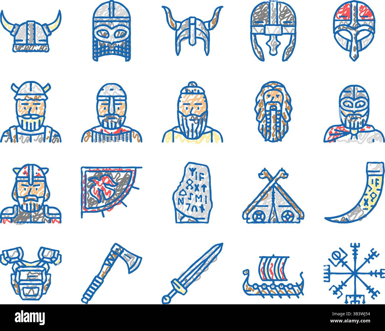 viking medieval norse helmet icons hand drawn Stock Vector Image & Art ...