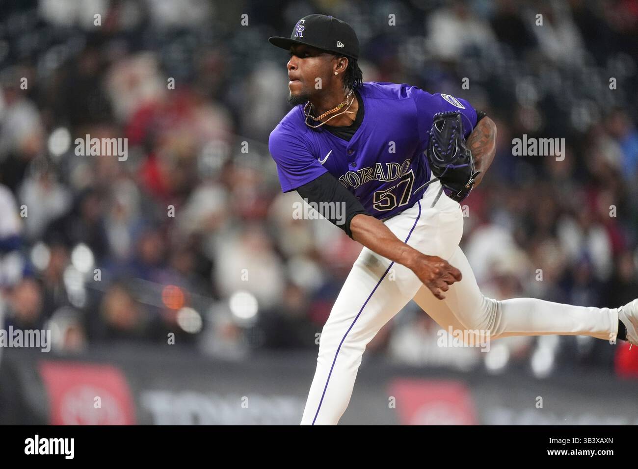 Colorado Rockies relief pitcher Angel Chivilli (57) in the seventh ...