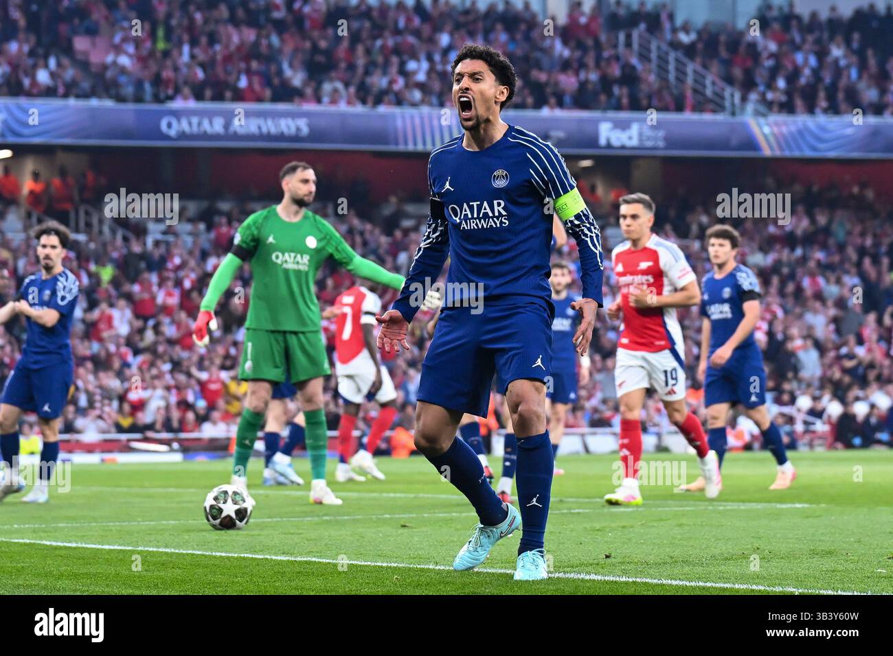 London, UK. 29th April 2025: Emirates Stadium, London, England: UEFA Champions League football, semi-final, 1st leg, Arsenal versus PSG: Marcos Corrêa of Paris Saint Germain celebrates his team’s goal from Demebele in the 4th minute for 0-1 Credit: Action Plus Sports Images/Alamy Live News Stock Photo