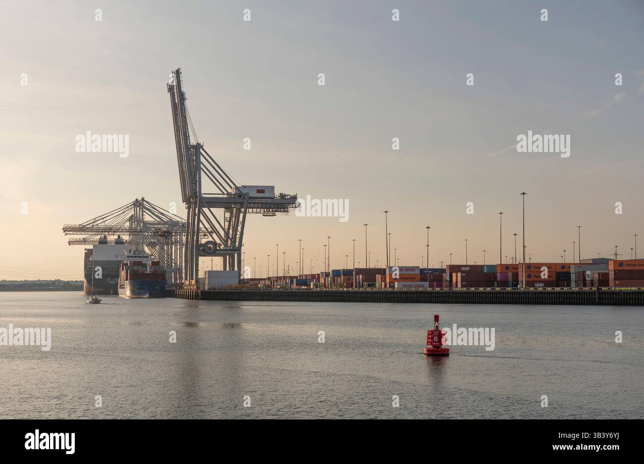 Southampton England UK. 28.04.2025. Container ships aand quay cranes alongside the DP World terminal for container ships in Southampton. Stock Photo