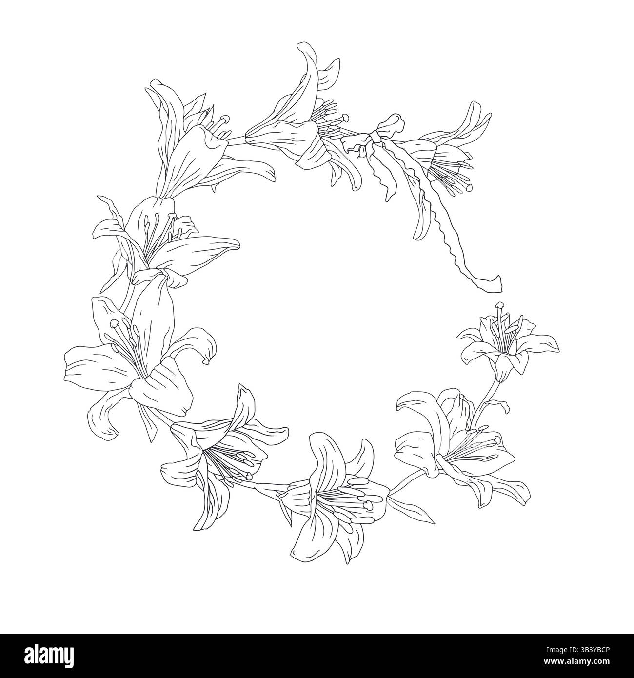 Hand drawn black and white line art lily flowers wreath. Vintage ...