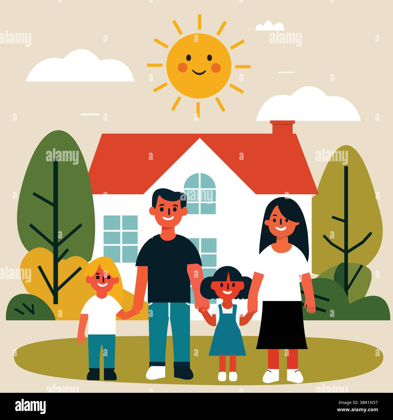Happy Family in Front of Home - Flat Design Vector Illustration Stock ...