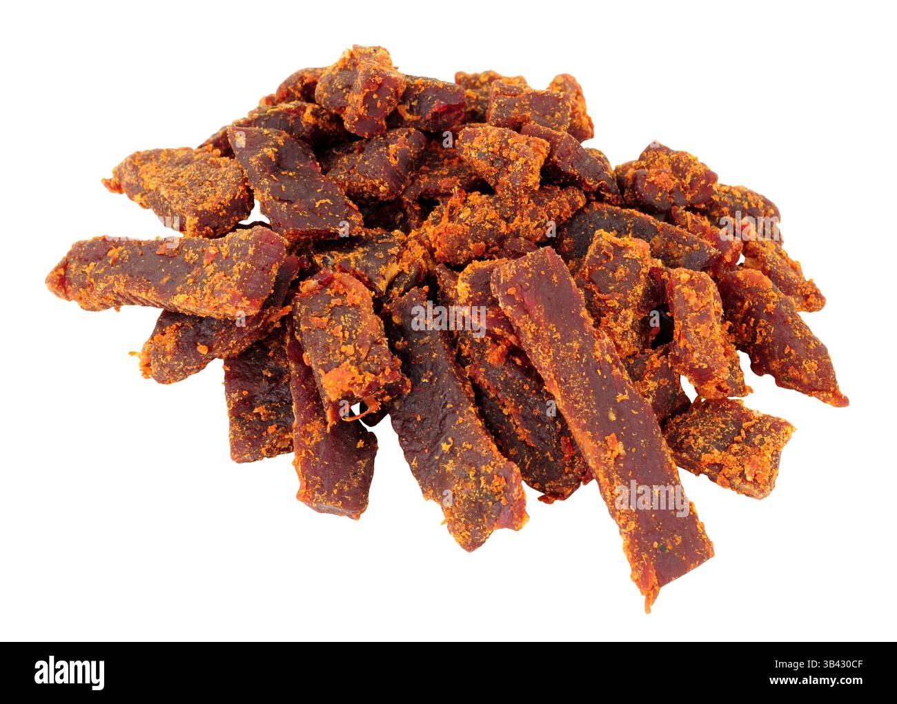 Group of jerky smoked chipotle steak strips marinated rump steak isolated on a white background Stock Photo