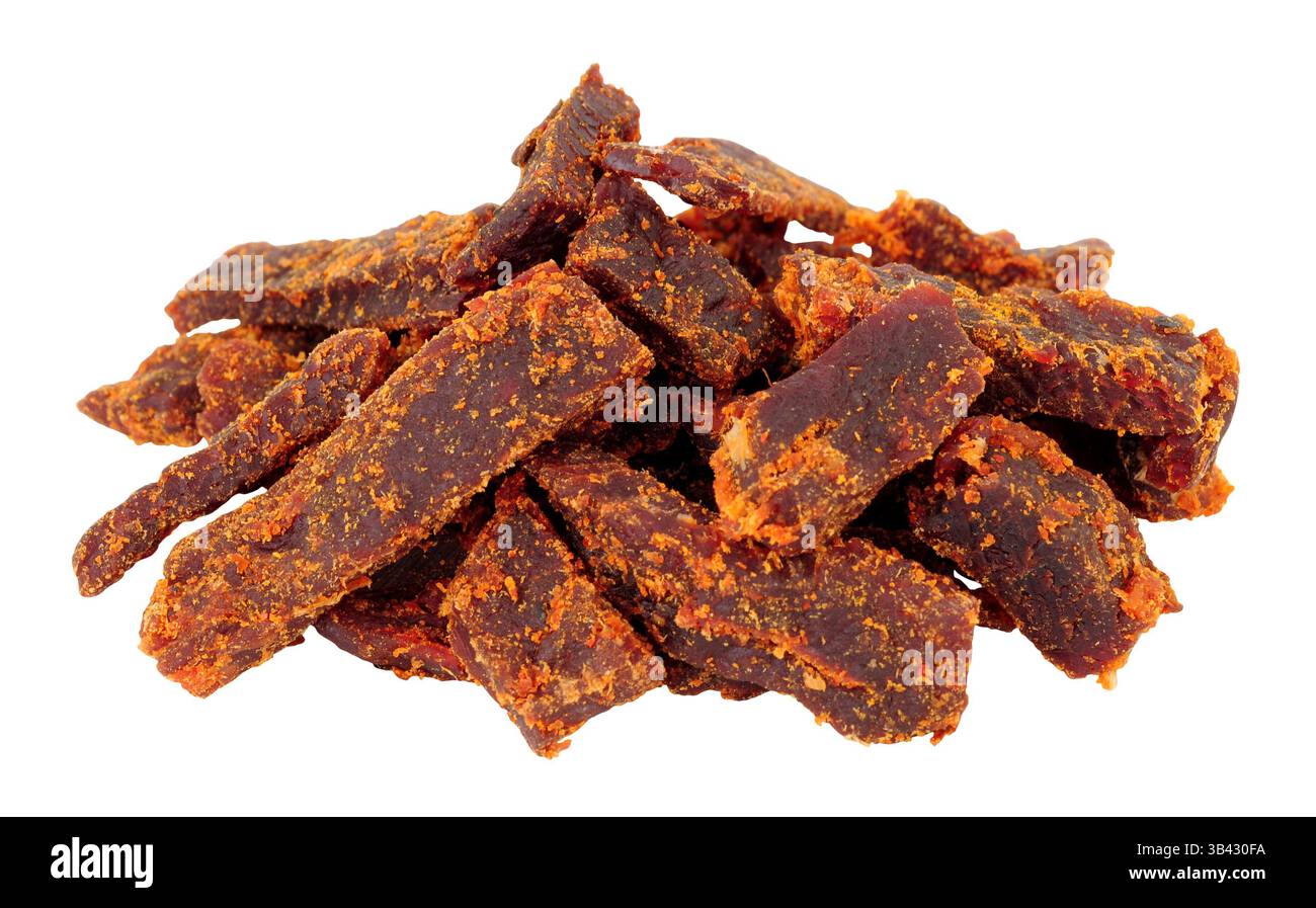 Group of jerky smoked chipotle steak strips marinated rump steak isolated on a white background Stock Photo