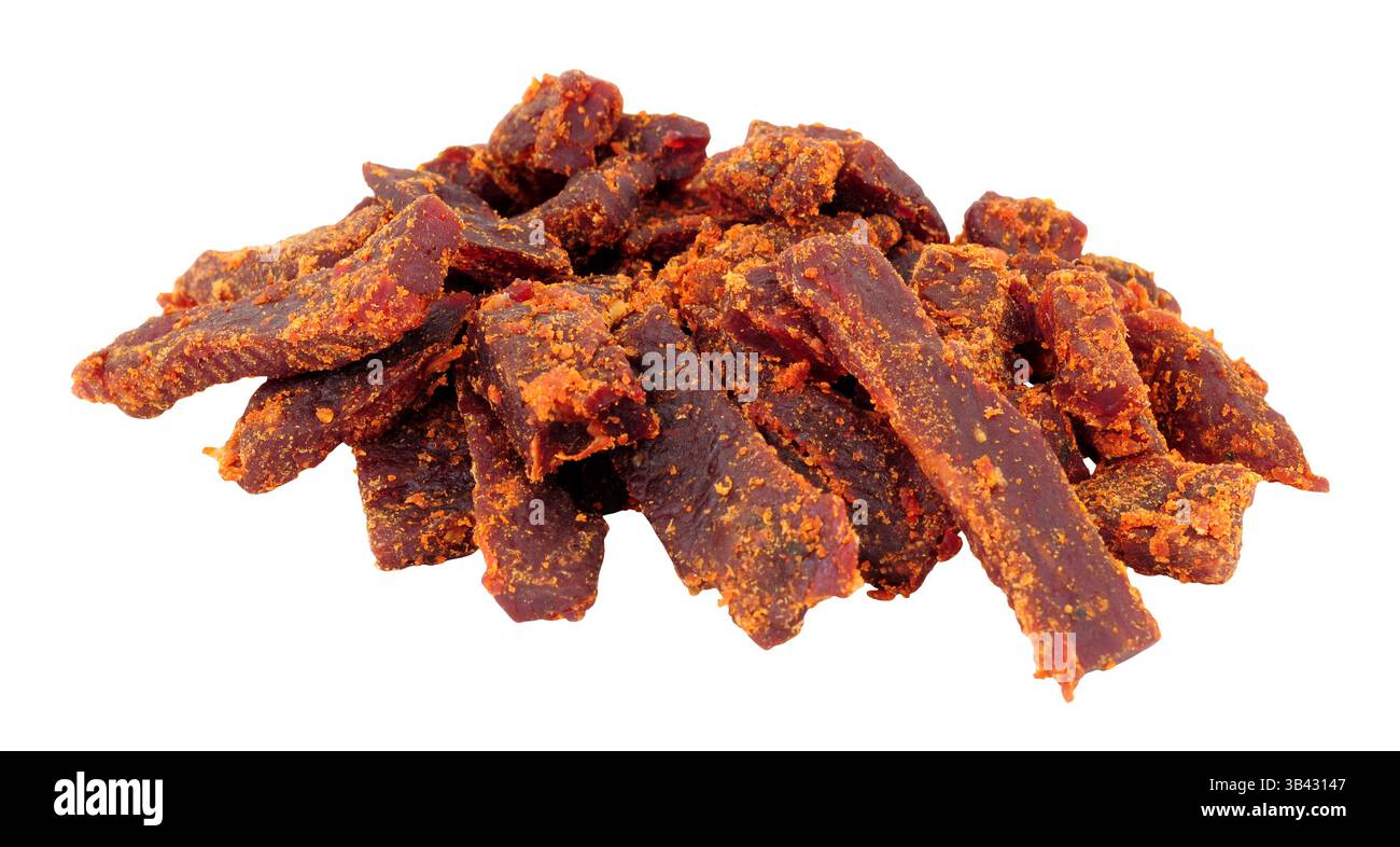 Group of jerky smoked chipotle steak strips marinated rump steak isolated on a white background Stock Photo