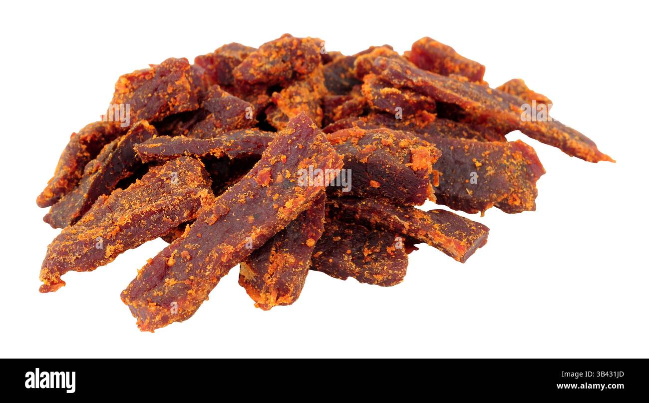 Group of jerky smoked chipotle steak strips marinated rump steak isolated on a white background Stock Photo