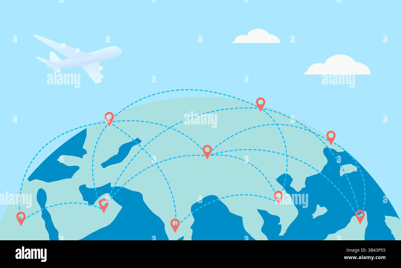 Concept illustration of travel - traveling around the world by plane Stock Vector