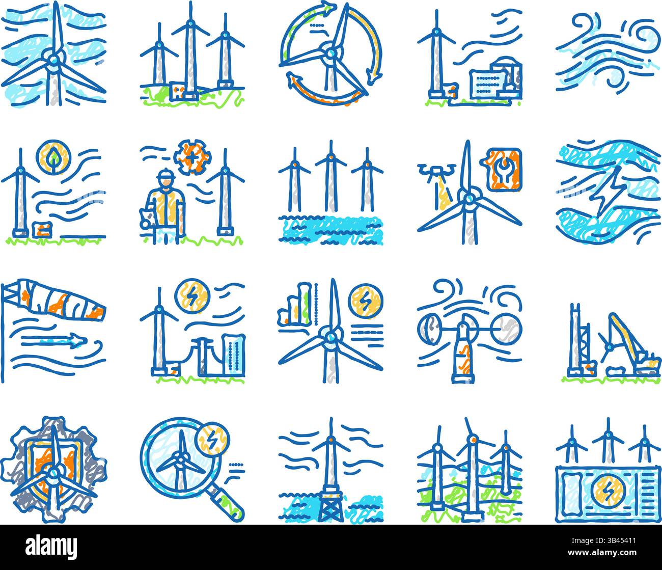 wind turbine power energy farm icons hand drawn Stock Vector Image ...