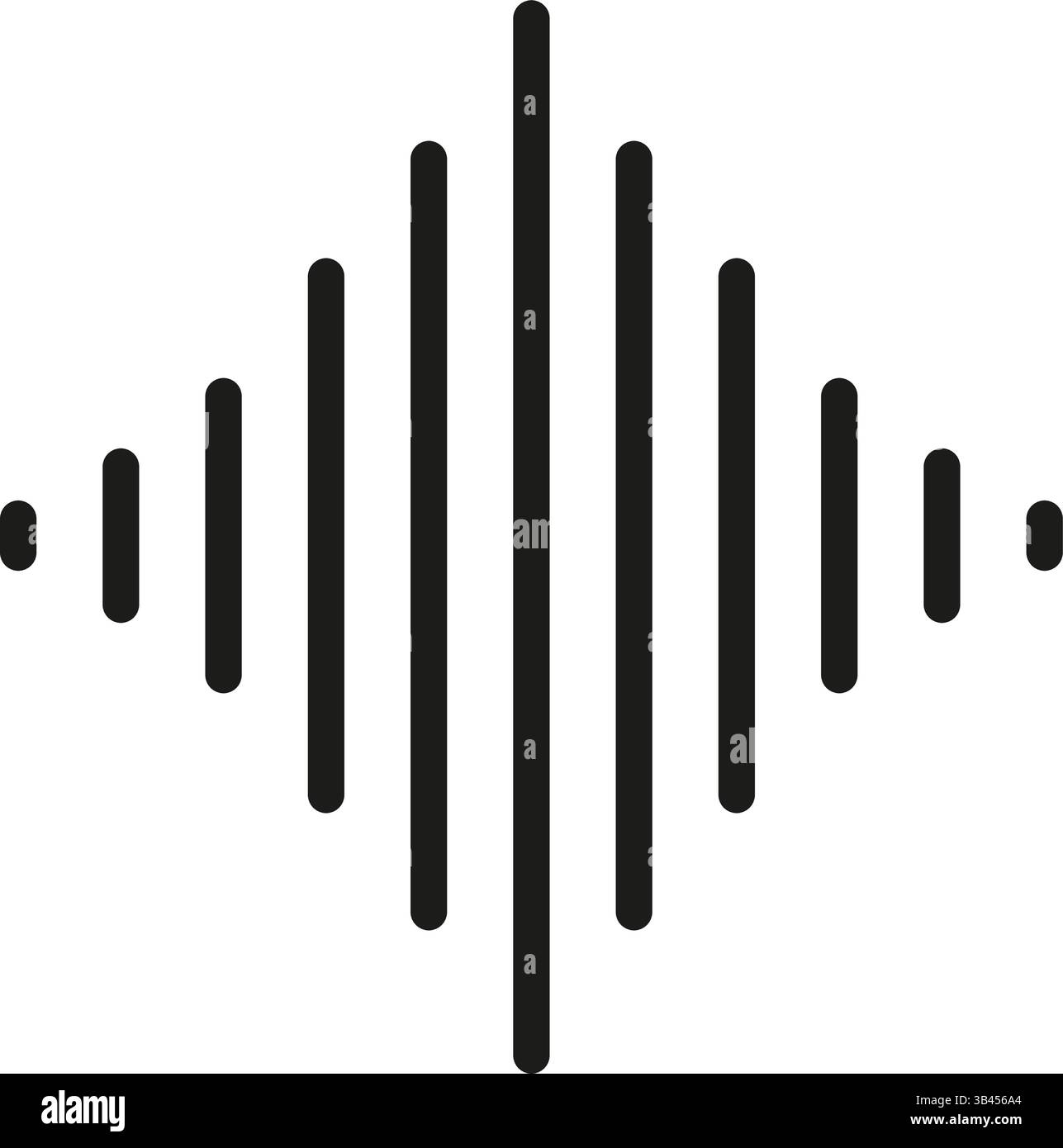 Black soundwave icon with vertical bars increasing and decreasing symmetrically from the center, representing audio signal or voice frequency data vis Stock Vector