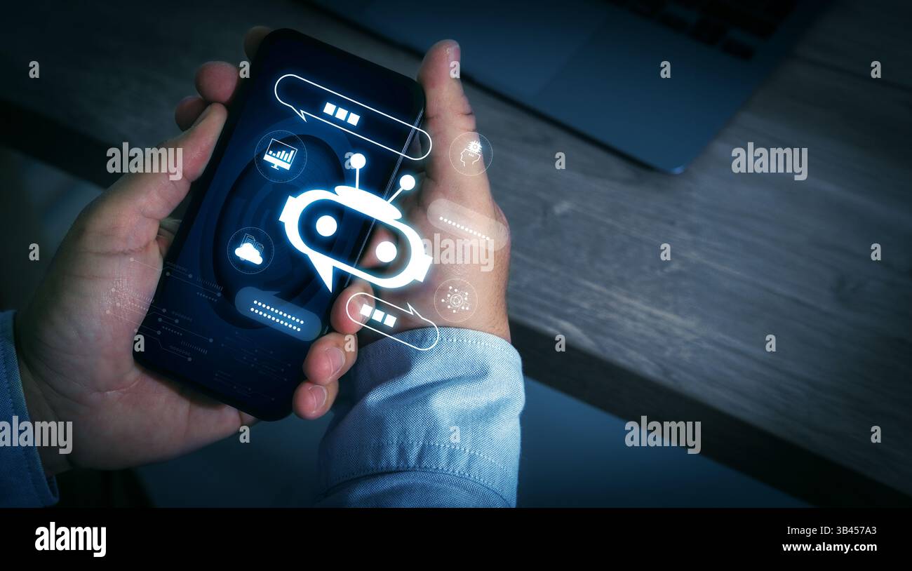 AI Technology chat automating virtual assistants and CRM software chatbot chat assistant Stock Photo