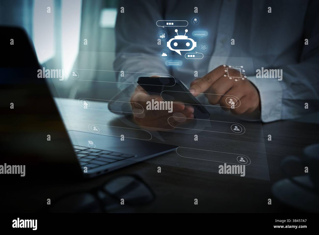 AI Technology chat automating virtual assistants and CRM software chatbot chat assistant Stock Photo