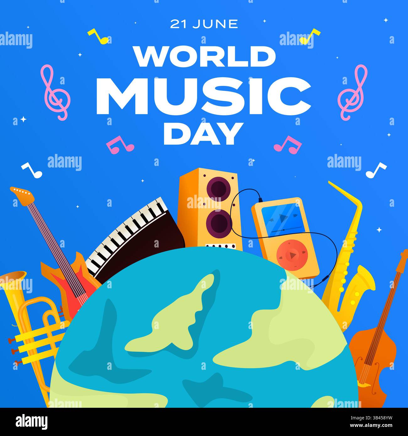 happy world music day and musical instruments with yellow