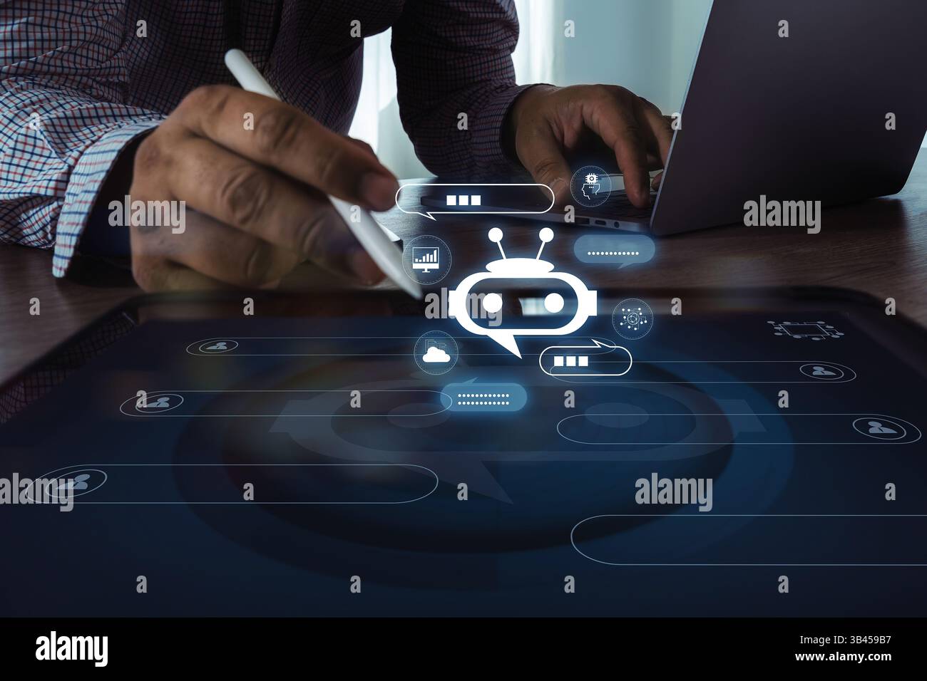 AI Technology chat automating virtual assistants and CRM software chatbot chat assistant Stock Photo