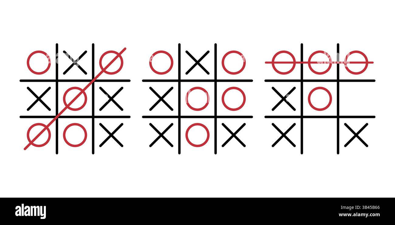 Three tic tac toe boards showcasing different winning patterns highlighted in red on a white background. Stock Vector