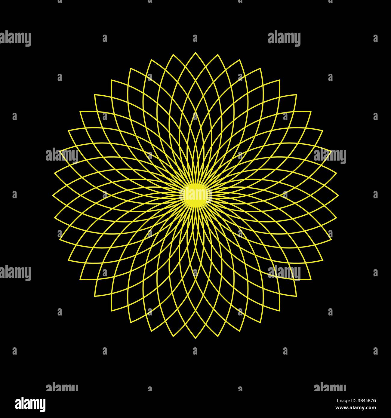 Glowing yellow spirograph pattern with fine radial symmetry on a pure ...