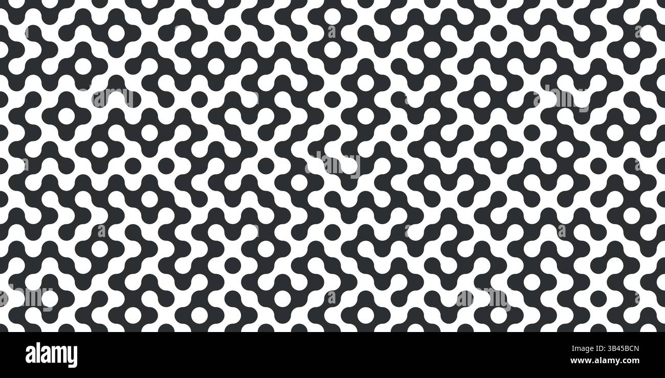 Rounded black maze pattern with circular dots on seamless white background Stock Vector