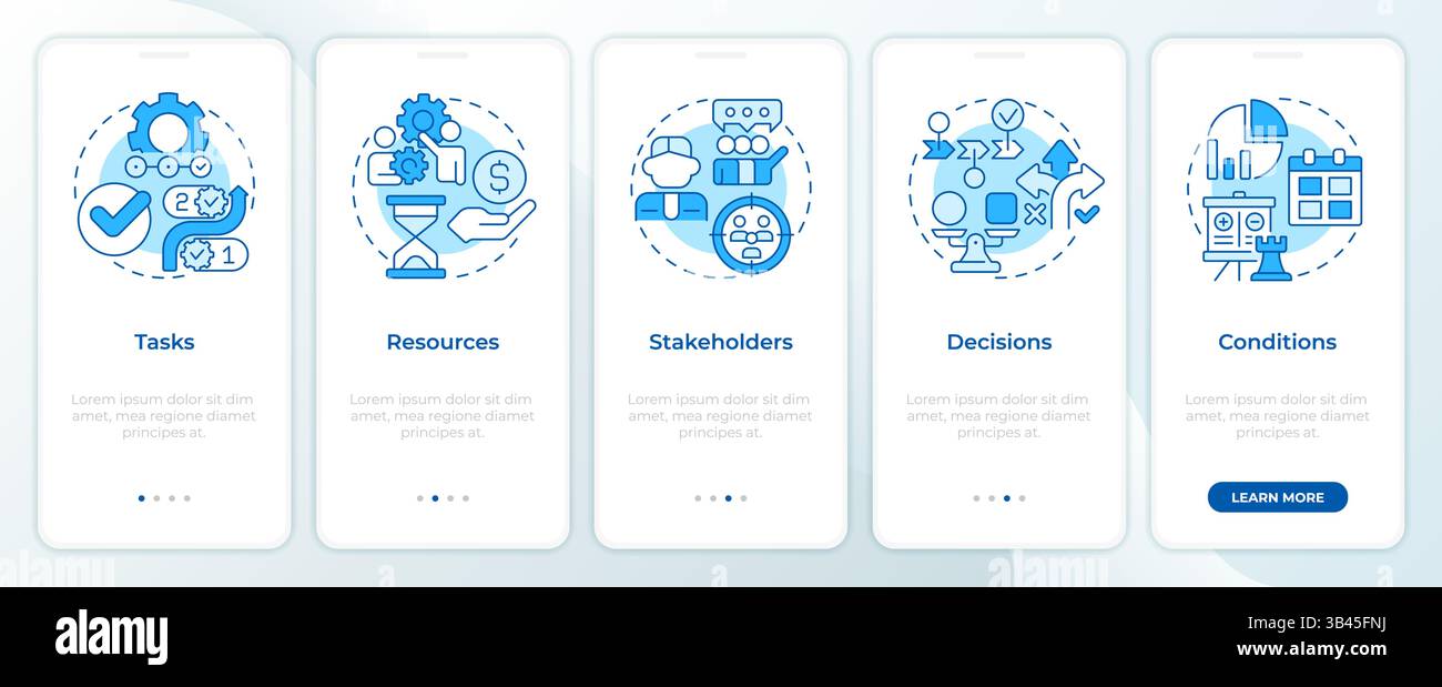 Workflow management elements blue onboarding mobile app screen Stock Vector