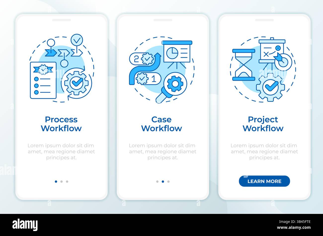 Different workflows blue onboarding mobile app screen Stock Vector