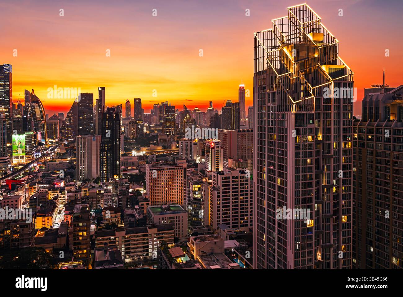 Bangkok high rise city centre buildings skyline at sunset, Thailand ...