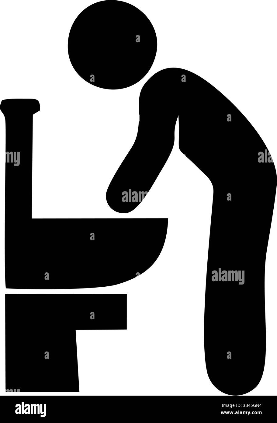 A basic, black and white pictogram of a person leaning over a toilet bowl Stock Vector