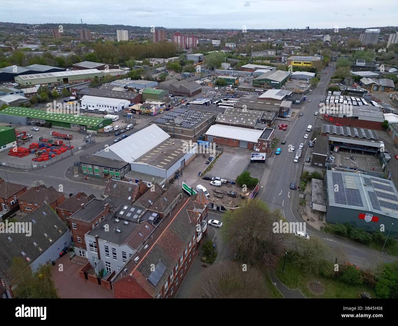 Aerial drone view of Calor Gas Centre and industrial estate in St Philips, Bristol, UK, April 2025 Stock Photo