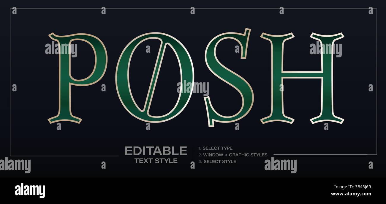 Elegant Green Text Effect With Classic Serif Style And Gold Outline, Ideal For Premium Branding, Packaging, Or Invitations. Fully Editable Graphic Stock Vector