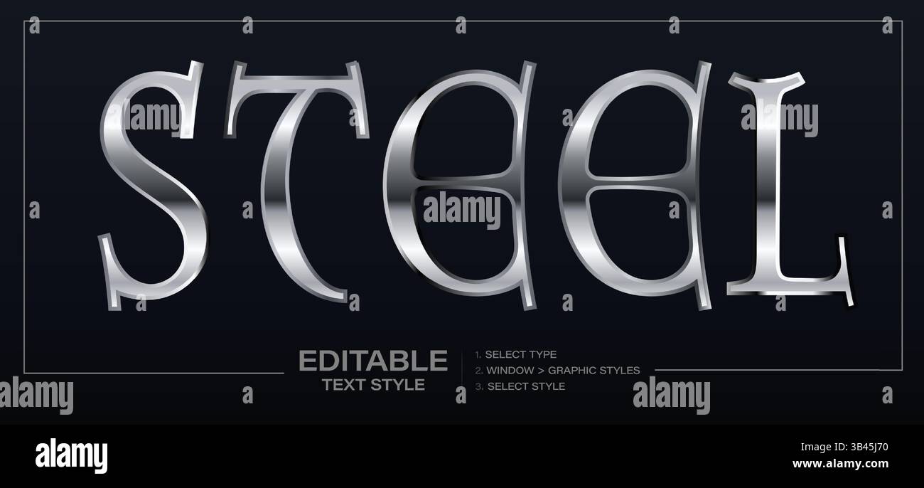Chrome Steel Text Effect With Polished Metallic Finish And Classic Typeface, Ideal For Technology, Gaming, Or Industrial Branding. Fully Editable Stock Vector