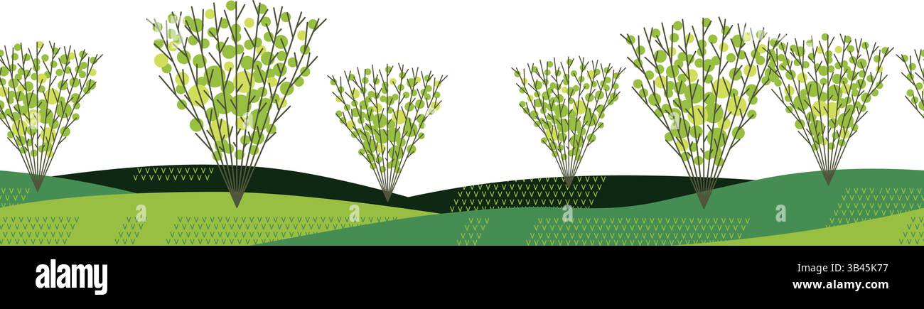 Seamless Hilly Forest Landscape Vector Artistic Style Background Illustration. Horizontally Repeatable. Stock Vector