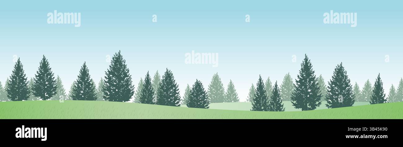 Seamless Hilly Forest Landscape Vector Background Illustration. Horizontally Repeatable. Stock Vector