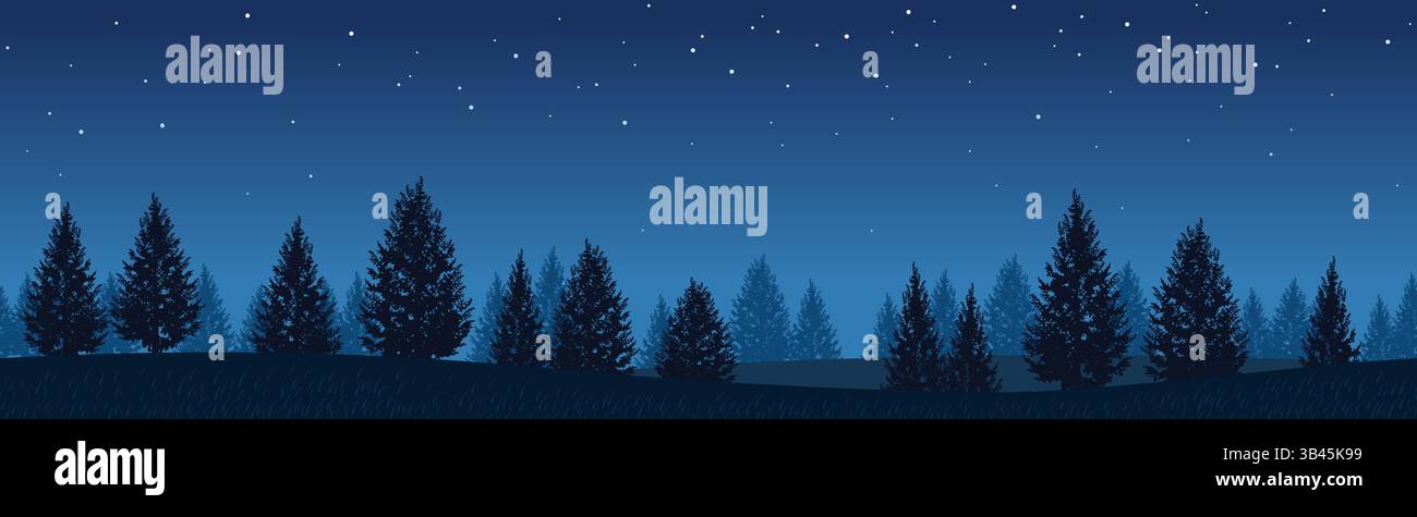 Seamless Forest Landscape At Night Vector Background Illustration. Horizontally Repeatable. Stock Vector