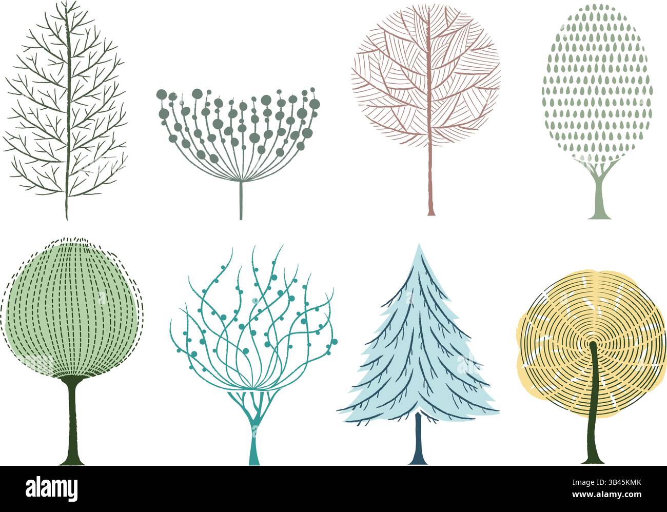 Vector Artistic Style Trees Illustration Set Isolated On A White Background. Stock Vector