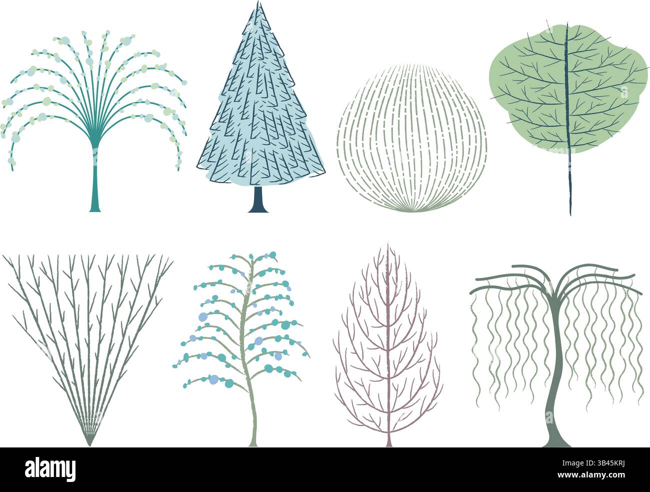 Vector Artistic Style Trees Illustration Set Isolated On A White Background. Stock Vector