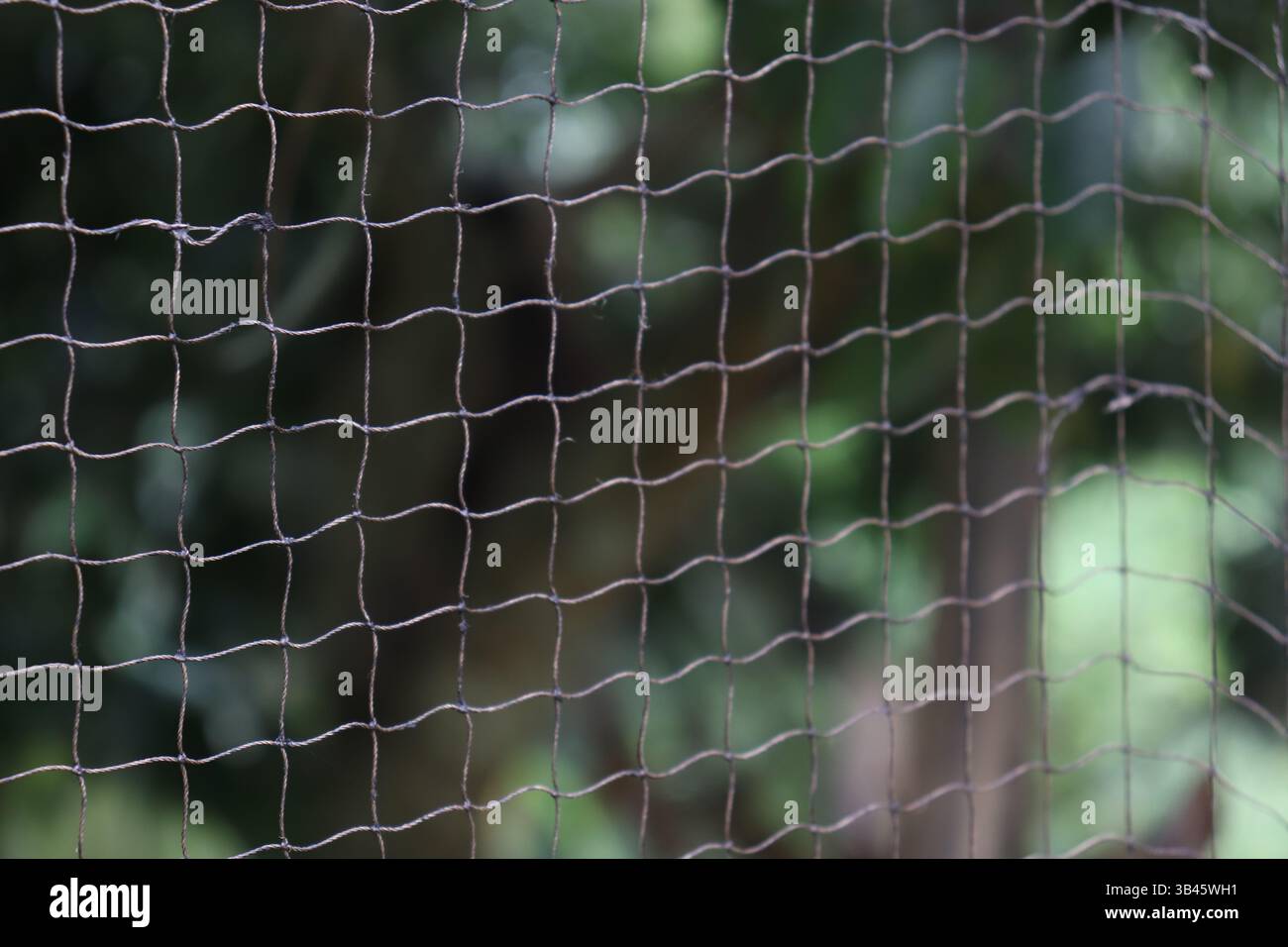 Focus on a twisted wire fencing with nature green bokeh effect ...