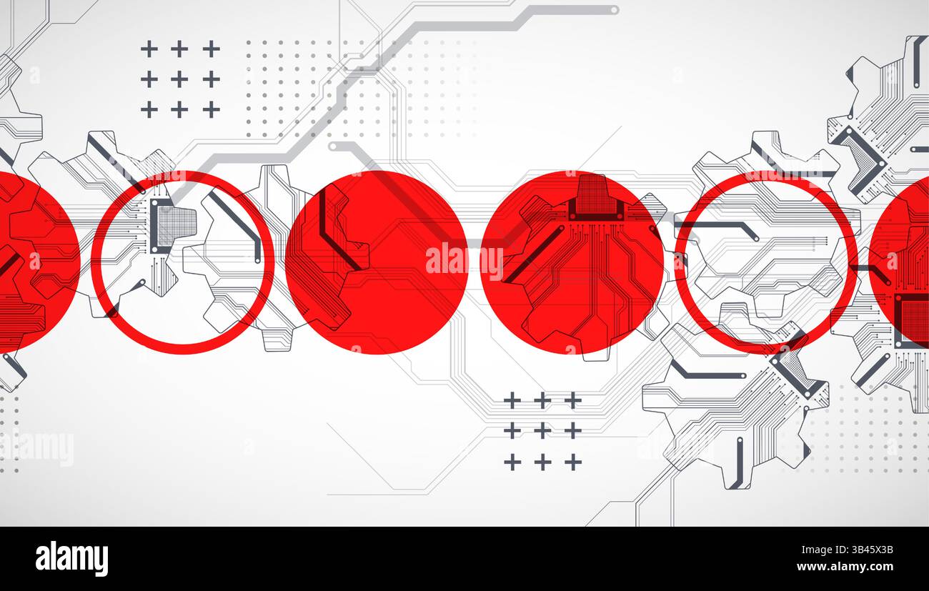 Stylized view of gears integrated with microcircuits. Concept of combining mechanics and electronics. Vector Stock Vector
