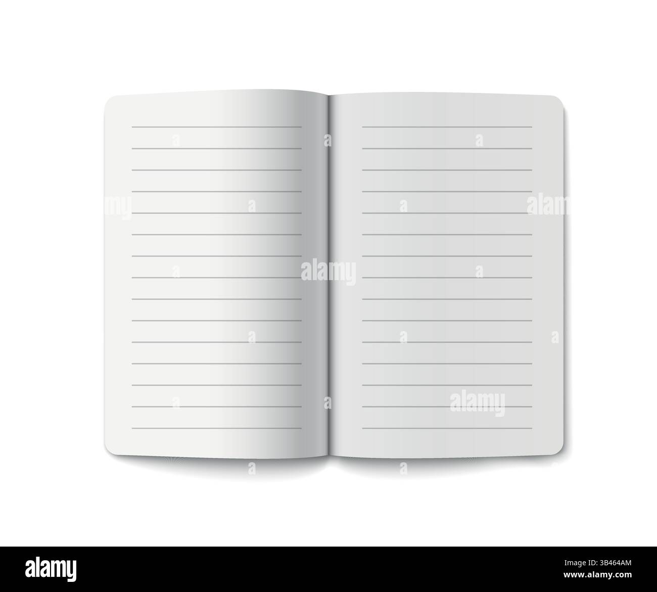 Minimalistic open notebook featuring lined white pages and rounded edges, ideal for writing and notes Stock Vector