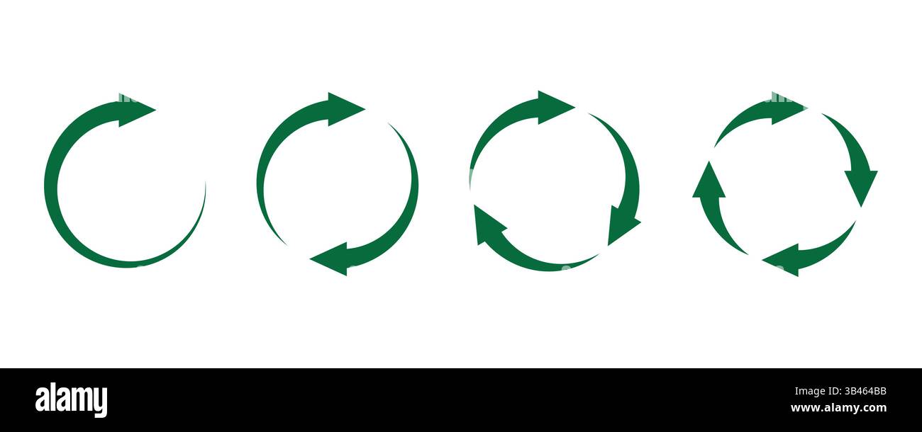 A set of four green circular arrow rotation icons on a white background, representing refresh, reload, and synchronization Stock Vector