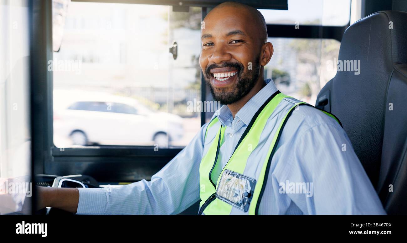 Bus driver, portrait and smile of black man at station for commute ...