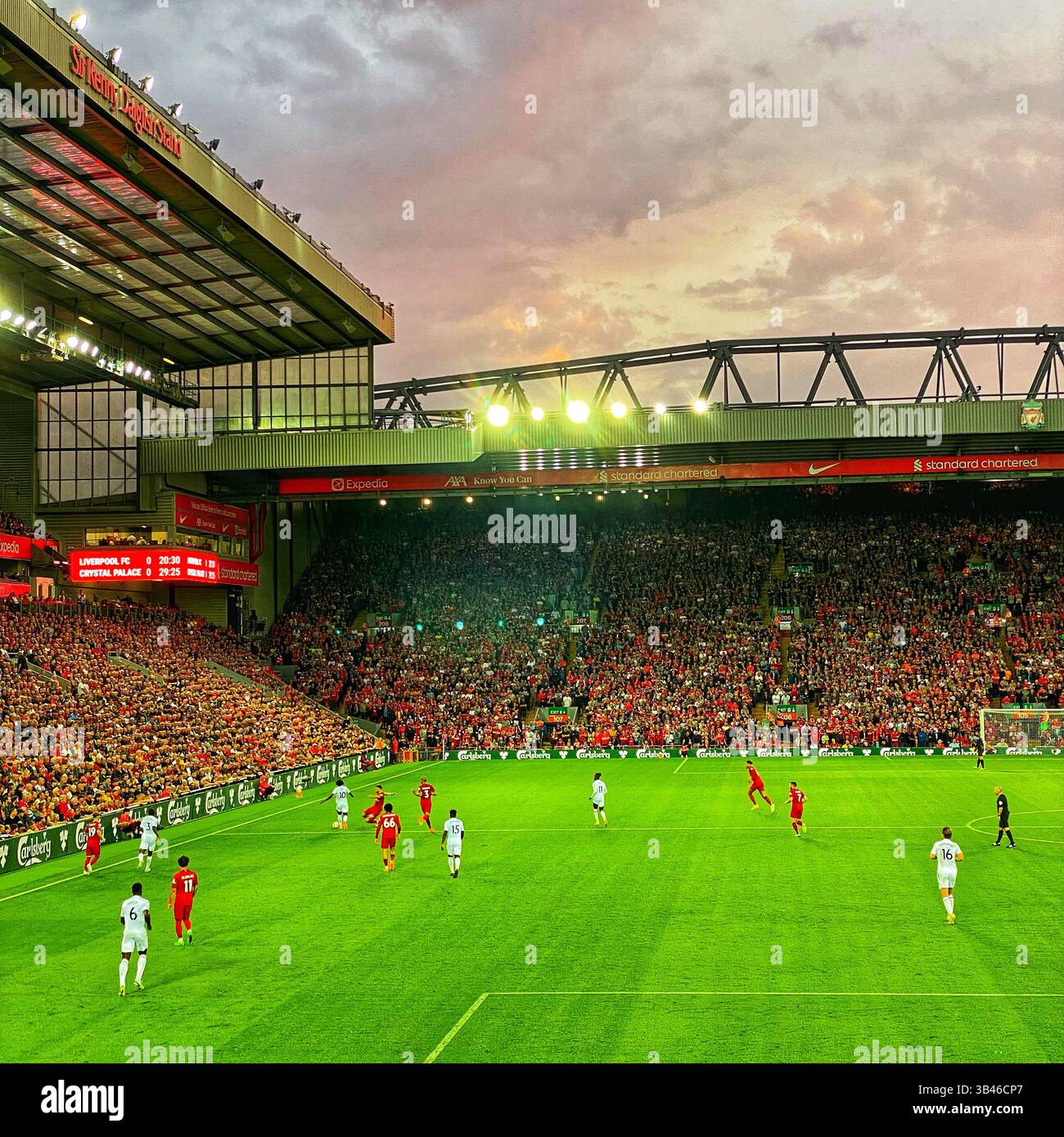 Liverpool vs Crystal Palace, Anfield Stadium, Premier League match under dusky pink sky, 15 August 2022. - Smartphone Captured Stock Image
